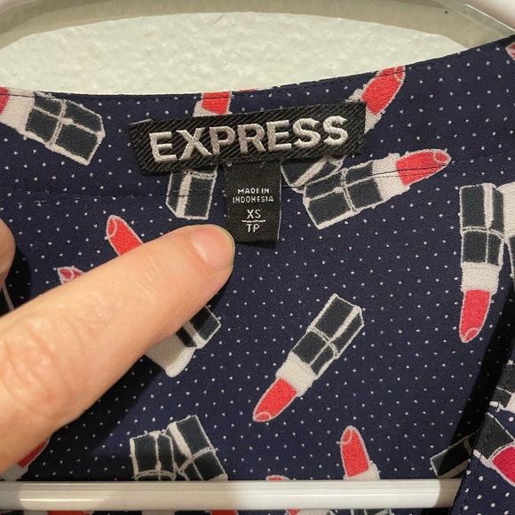 Express Navy Blue and white polka dot blue with lipstick novelty print. … - Picture 3 of 6